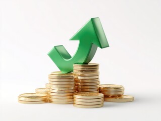 A glossy green upward-pointing arrow rests atop a stack of gold coins