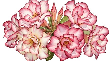 Elegant watercolor illustration of a cluster of Desert Rose blossoms in full bloom delicate and