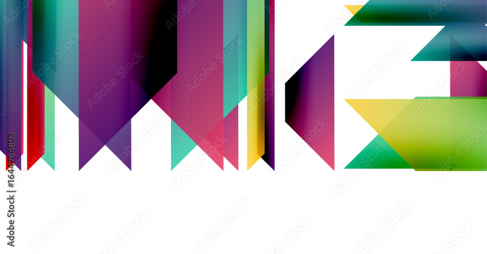 Poster abstract geometric shapes form colorful letterings. vivid hues blend, creating dynamic visual impact