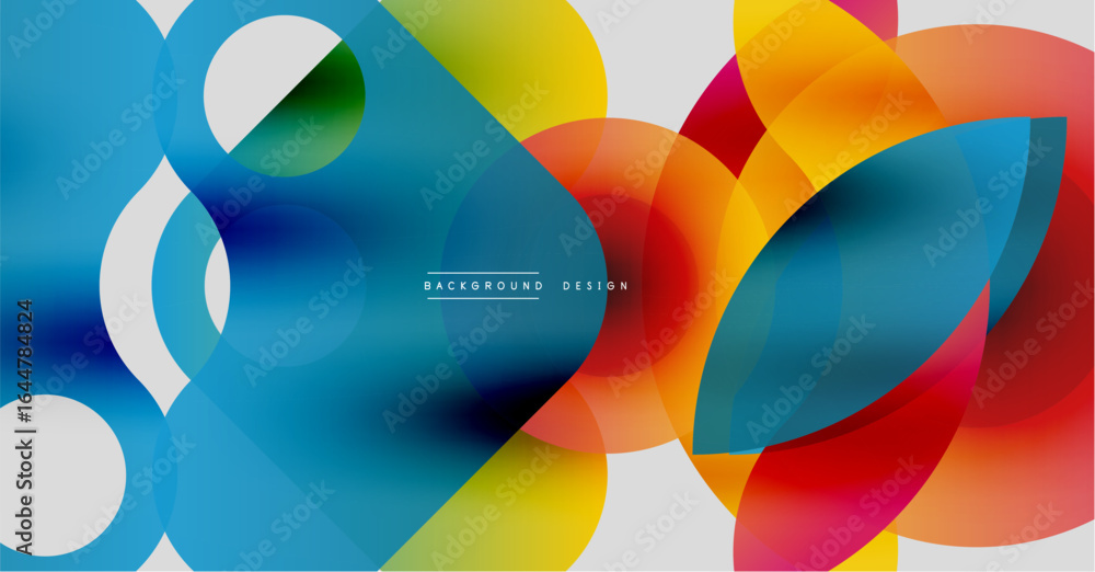 Poster abstract colorful shapes overlap, creating dynamic fluid design. bright hues blend, forming modern v