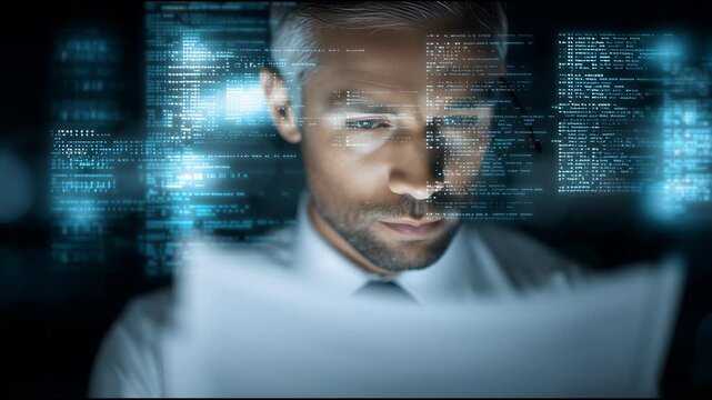 Man in a suit is looking at a computer screen with a lot of blue and white code. Concept of technology and the importance of understanding and interpreting complex data.