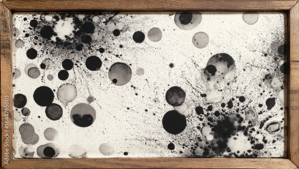 Poster a framed monochrome artwork featuring a dynamic scattering of black ink blots and splatters of varyi
