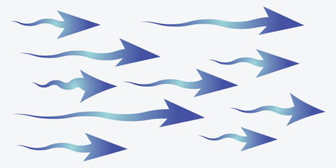 Light wind set of vector elements. Dynamic blurred air flow movement. Air flow vector illustration, blue cold fresh stream from the air conditioner vector illustration. Set of blue wind arrows 
