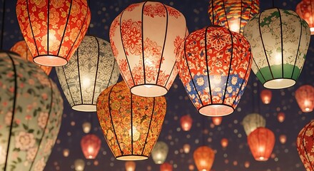 Floral illuminated paper lanterns creating a festive and enchanting atmosphere within a space