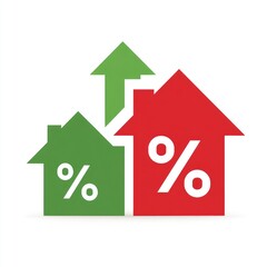 Three stylized houses, red and green, with upward-pointing arrows and percentage signs, symbolizing rising home values