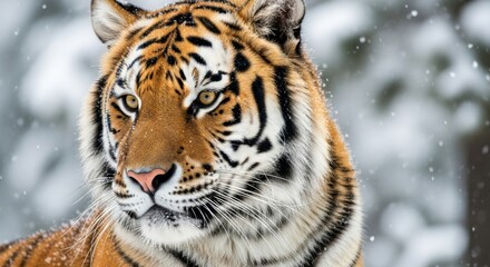 Majestic Siberian tiger with striking orange and black stripes gazes intently amidst a gentle snowfall in a winter forest setting.
