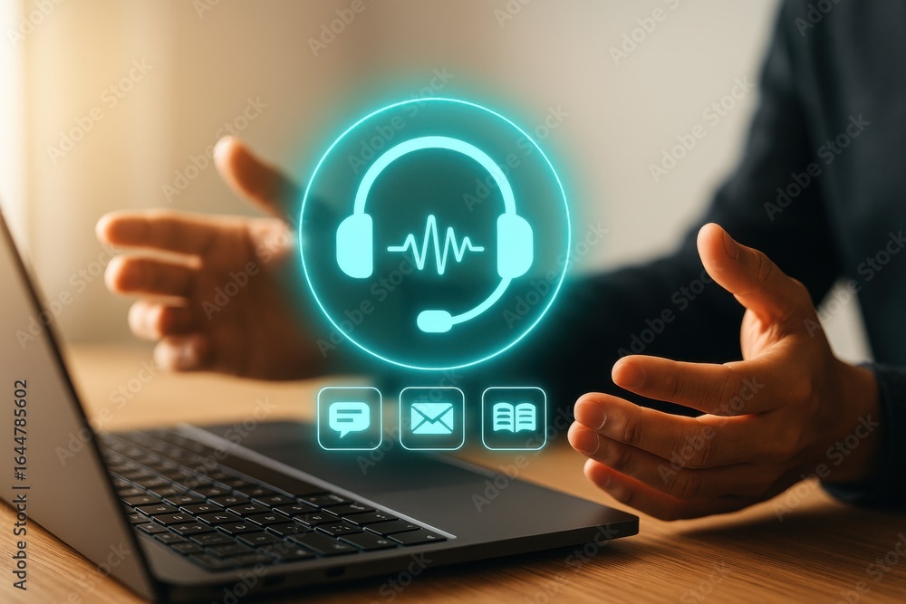 Poster virtual ai customer support interface with headset icon and communication tools