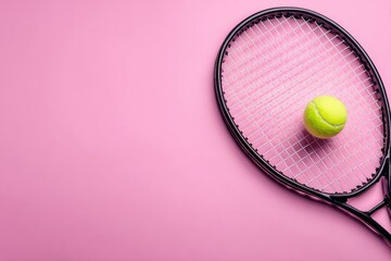 Tennis racket and ball on pink background (6)