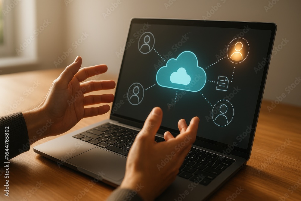 Poster cloud collaboration dashboard on laptop connecting multiple users and files
