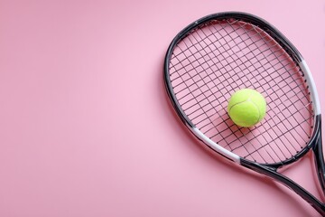 Tennis racket and ball on a pink background