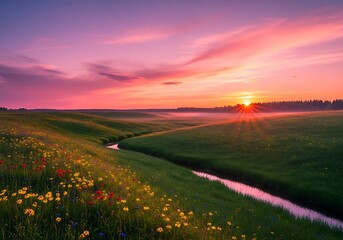 Idyllic countryside vista featuring a vibrant sunset over meadows and a tranquil stream