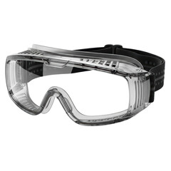 Clear safety goggles with an adjustable black strap, designed for essential eye protection in industrial, laboratory, and construction environments.