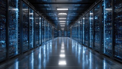 Server room hallway with rows of glass-fronted racks