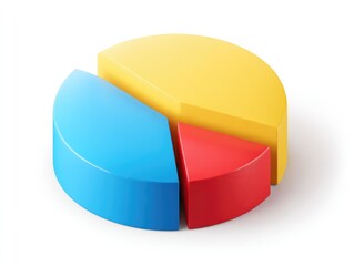 Fototapeta premium 3D pie chart, three colored sections. Bright yellow, light blue, and red slices of a circle, solid, rounded. High contrast against white background. Realistic shadow