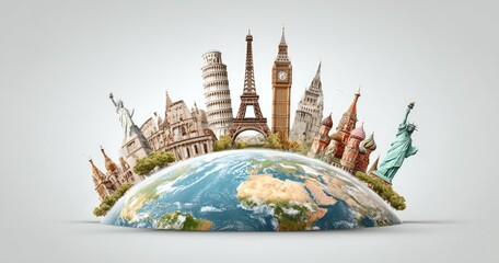 Iconic landmarks around the world, positioned on a globe