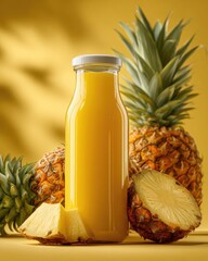 Glass bottle of pineapple juice with fresh pineapple slices