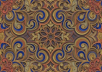 Intricate ornamented kaleidoscope background with carved layered shapes and colors