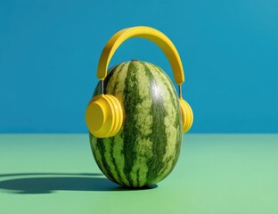 Watermelon wearing bright yellow headphones
