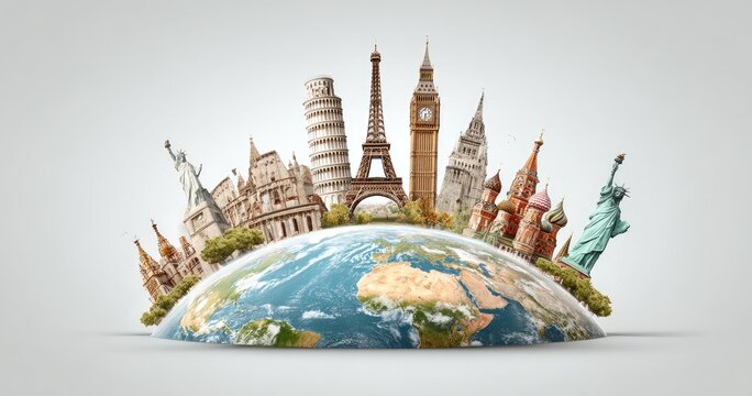 Iconic landmarks around the world, positioned on a globe