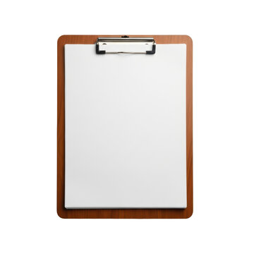 Empty wooden clipboard with a blank white paper sheet. Ideal for displaying text, forms, or checklists in a professional or educational setting.