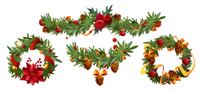 Christmas cartoon garland set with pine branch decorations - festive wreaths and borders with poinsettia flowers, holly berries, golden ribbons, pinecones and baubles for holiday greeting card design