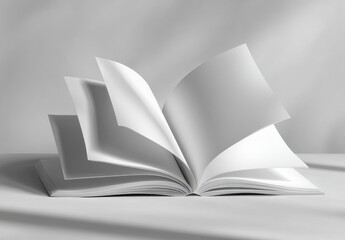 Open book, blank pages, grayscale, light and shadow