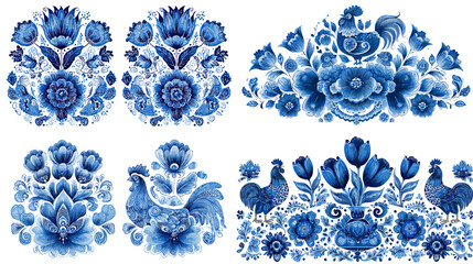 Vibrant blue floral folk art patterns with birds and flowers, inspired by traditional Eastern European decorative painting, ideal for prints and textiles.