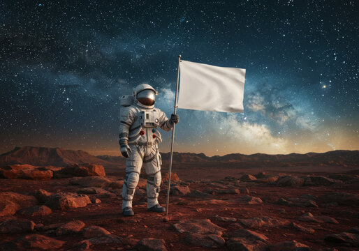 A lone astronaut on the surface of Mars, holding a symbolic white flag under the vast, star-filled expanse of the Milky Way. - Powered by Adobe
