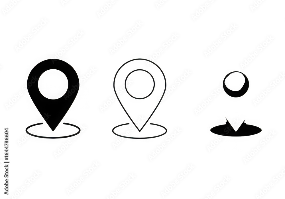 Poster collection of three location pin icons isolated on transparent background