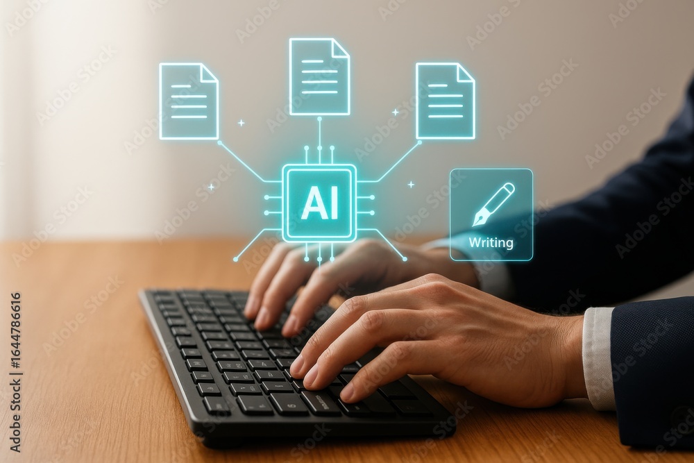 Aufkleber business professional typing on keyboard with ai writing and document generation interface