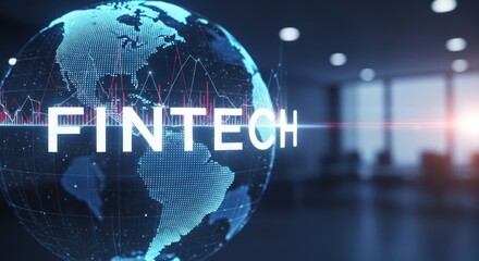 Fintech overlayed on digital earth globe against a blurred office background
