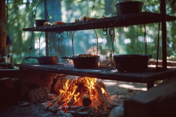 Rustic campfire cooking setup. Multiple cast iron pots and pans sit over a crackling fire on a wooden platform.  Blurred forest backdrop