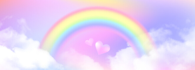 Rainbow sky unicorn paradise with soft pastel arc curving through white clouds. Blurry hearts floating in dreamy atmosphere with purple and pink gradient backdrop for fantasy artwork. Childish soft bg
