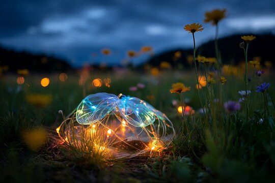nest composed of LED string lights and transparent jelly leaves, glowing under night sky in a wildflower field - Powered by Adobe
