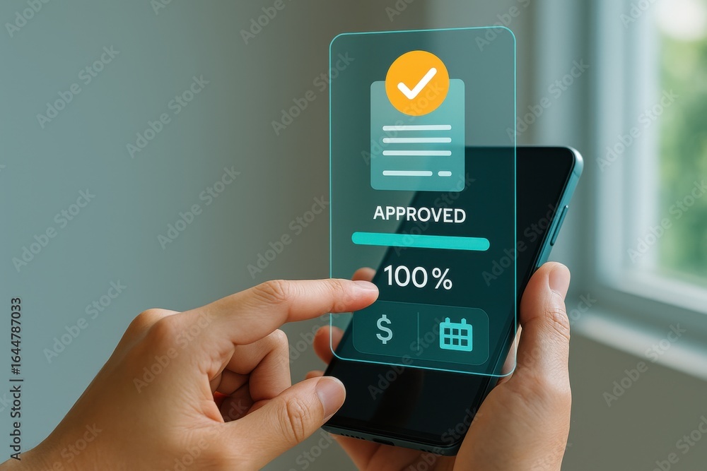 Aufkleber mobile transaction approval interface on smartphone with 100 percent completion status