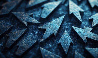 Artistic digital rendering of a collection of arrows pointing in various directions, symbolizing the complexity of choices involved in the decision-making process and the exploration, Generative AI