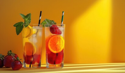 Vibrant fruit-infused Mate in decorated glasses with orange slices, mint leaves, and red straws on sunny yellow background