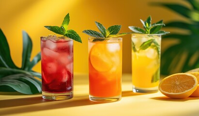 Vibrant tropical drinks with red fruit tea, lemonade, and orange cocktail garnished with fresh mint leaves on sunny yellow background showcasing colorful summer beverages and refreshing textures