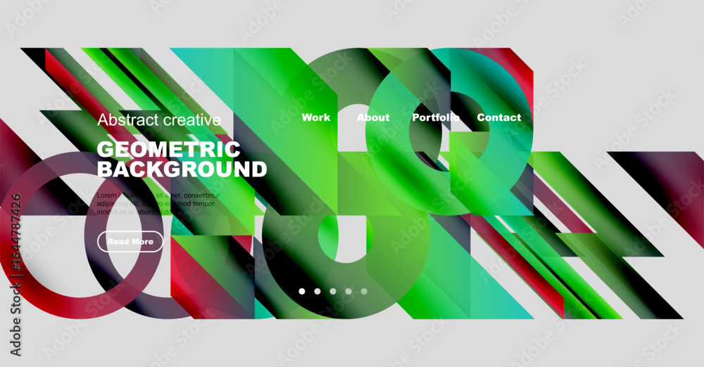 Poster modern website mockup features vibrant geometric shapes, text overlays, navigation menu. design util