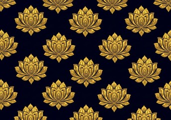 Opulent golden lotus blooms on navy ground in a luxurious repeating pattern design