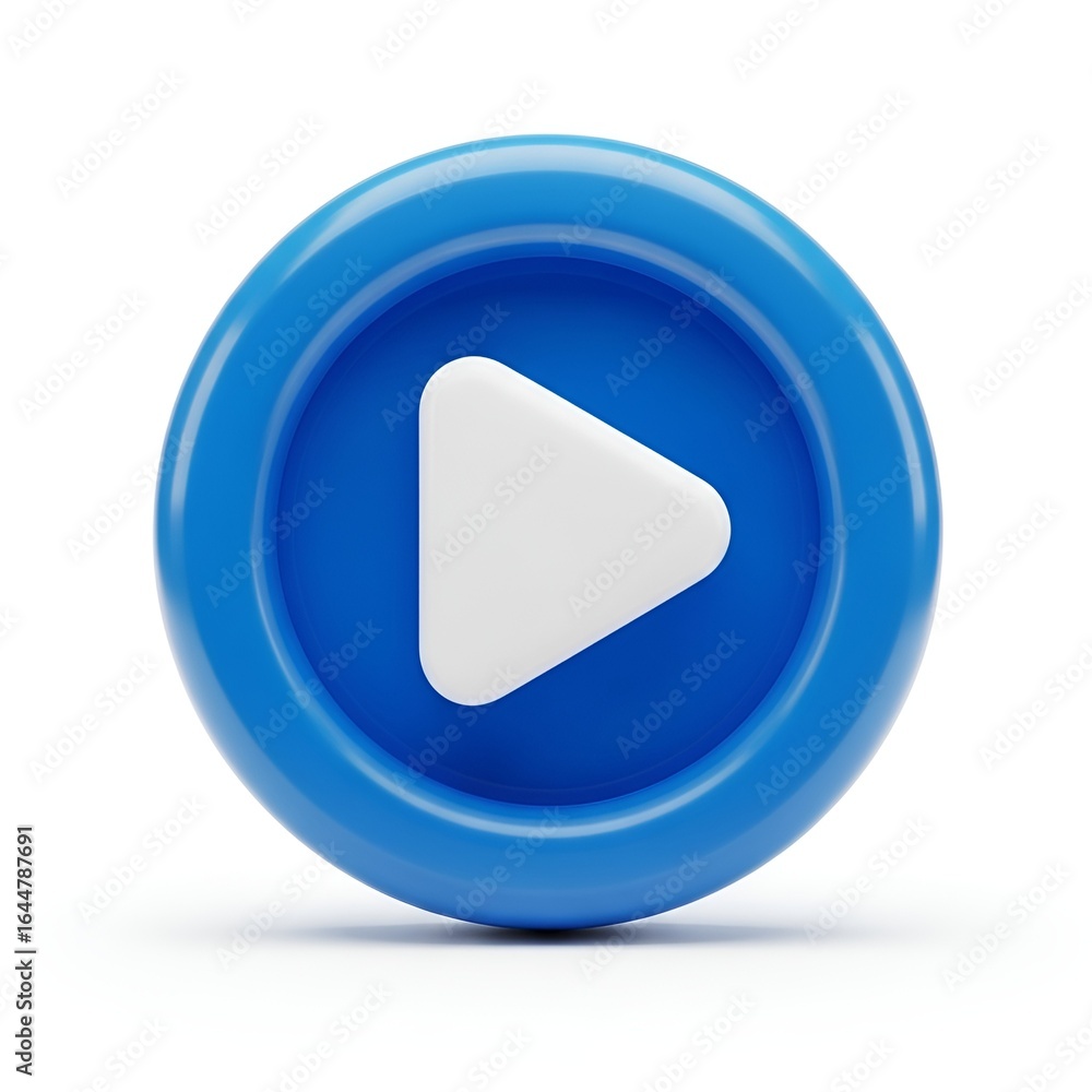 Poster a blue play button with a white triangle isolated on white background is displayed in the center