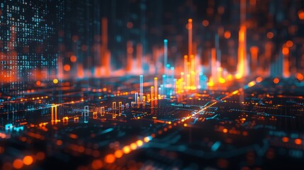 Abstract representation of data flow with glowing lines and binary code in a futuristic cityscape