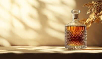 Luxury whiskey decanter on table with sun rays and wheat field shadow on beige background for minimalist high-end alcohol brand website banner