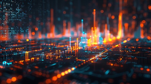 Abstract representation of data flow with glowing lines and binary code in a futuristic cityscape