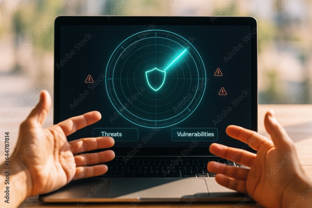 Poster digital security radar interface on laptop identifying threats and vulnerabilities