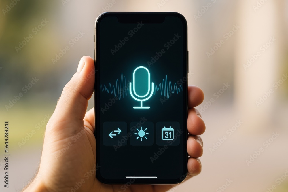 Aufkleber smartphone ai voice assistant interface with microphone icon and command options