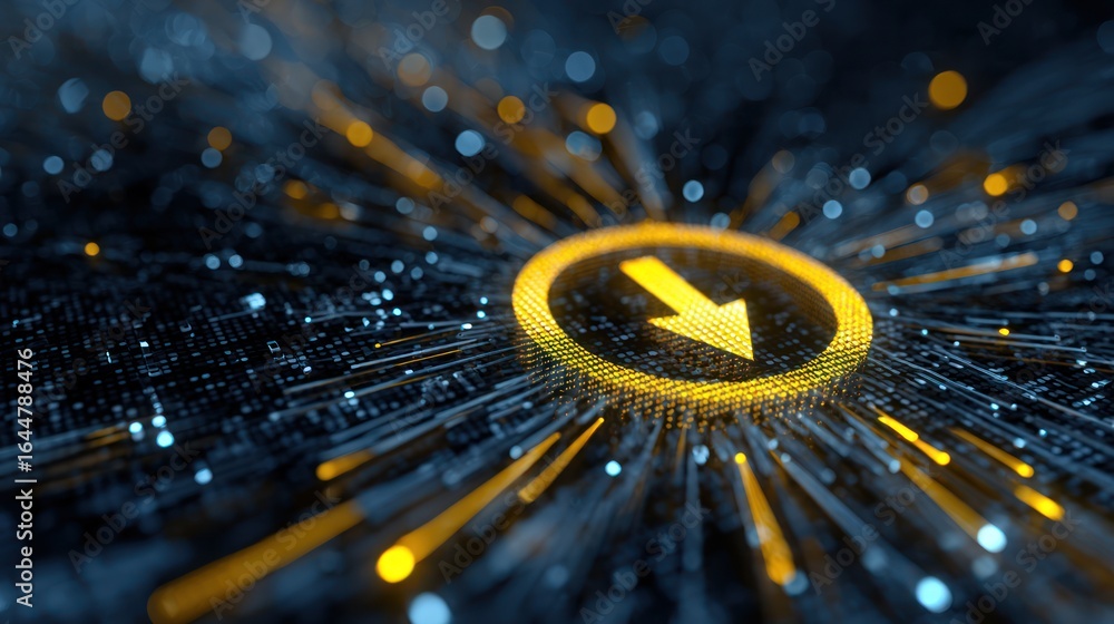 Poster digital arrow: an eye-level shot showcases a gleaming yellow arrow symbol surrounded by a network of