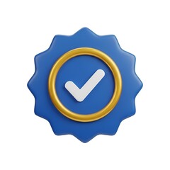 Blue and gold check mark badge isolated on white background, a symbol of quality and validation