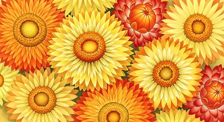 Vibrant floral arrangement showcasing yellow, orange, and red everlasting daisy blossoms