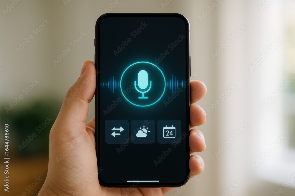 Poster smartphone ai voice assistant interface with microphone icon and command shortcuts